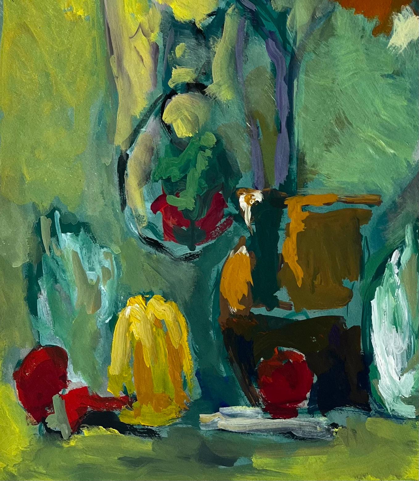 Stillleben mit gelber Blumenflasche und Herbstblättern Französische Gouache der Moderne im Angebot 2