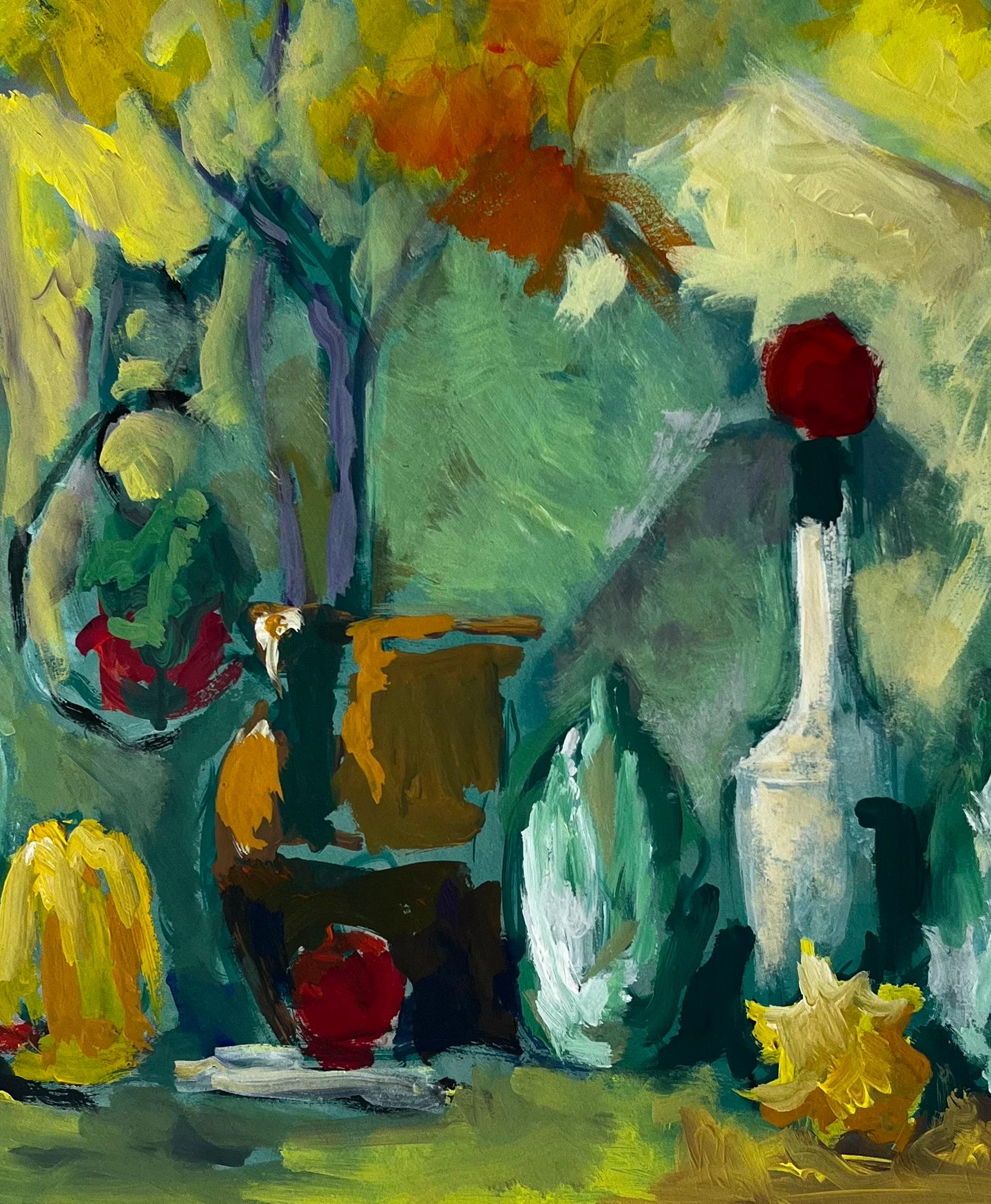 Stillleben mit gelber Blumenflasche und Herbstblättern Französische Gouache der Moderne im Angebot 3