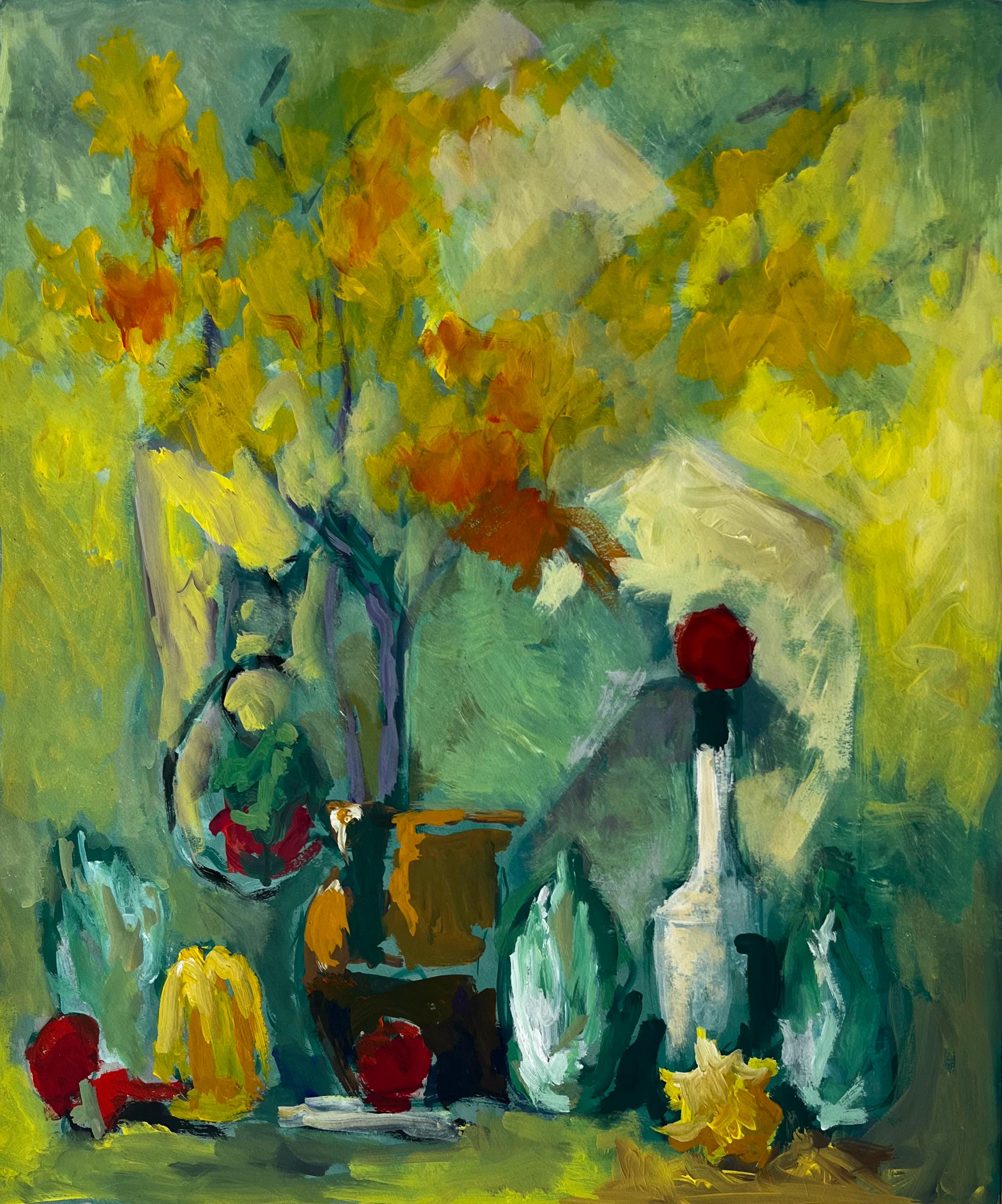 Still Life with Yellow Flowers Bottle and Autumn Leaves French Modernist Gouache