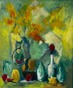 Still Life with Yellow Flowers Bottle and Autumn Leaves French Modernist Gouache