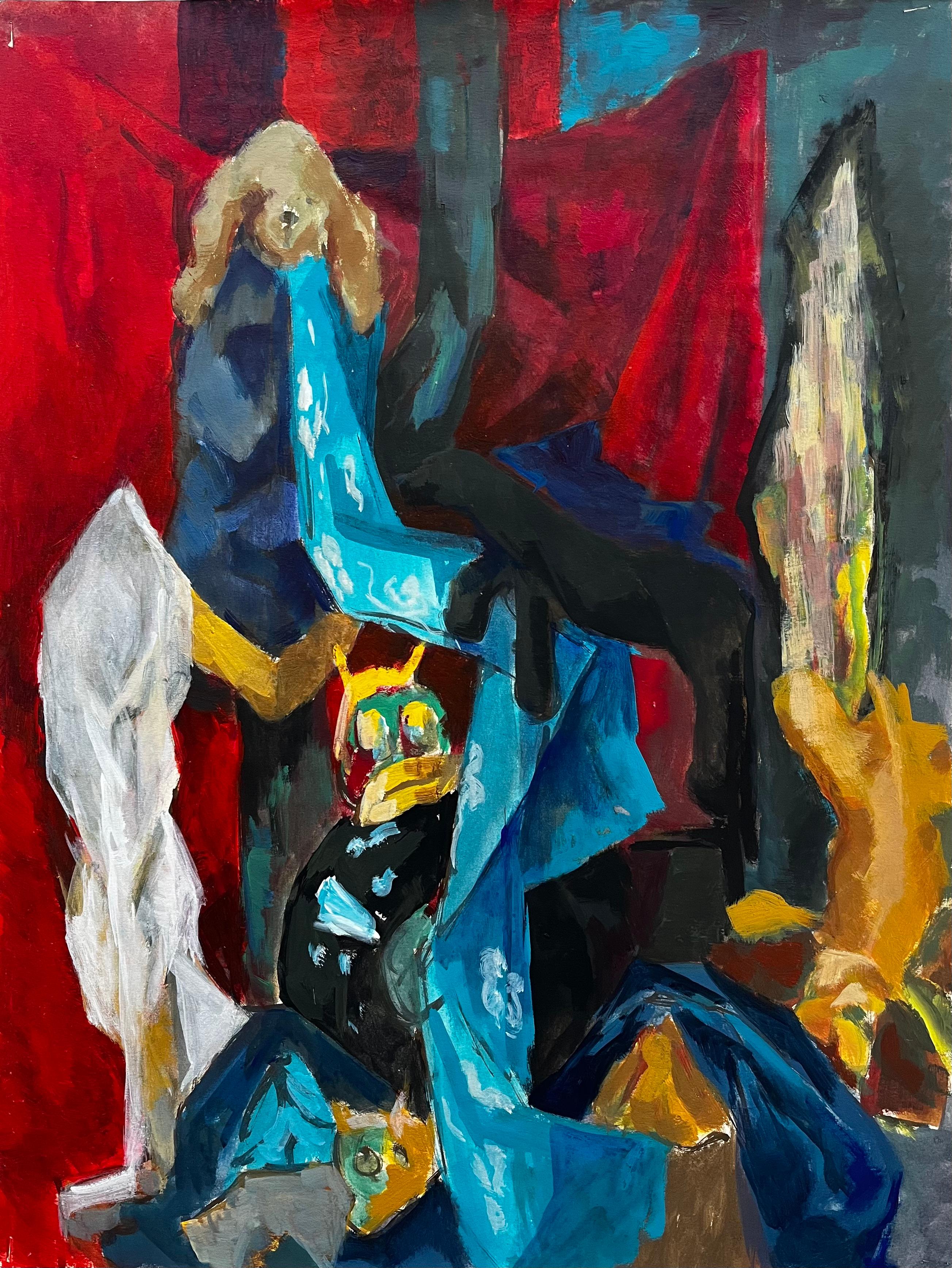 Nature morte moderniste française, jouets en peluche et And Objects fors avec draperie bleue