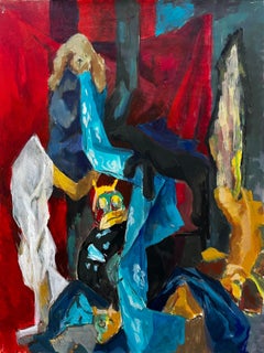 Stuffed Toy and Childrens Objects with Blue Drapery French Modernist Still Life