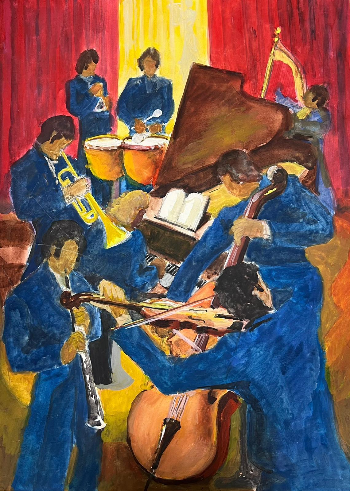 Guy Nicod Figurative Painting - The Orchestra Jazz Band Superb 20th Century French Modernist Painting