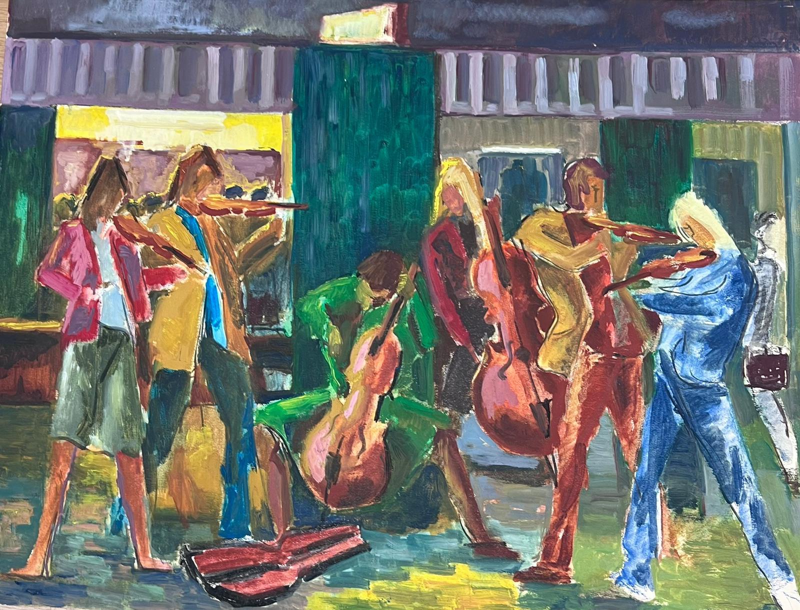 Guy Nicod Figurative Painting - The String Band Performing In Street  20th Century French Modernist Painting