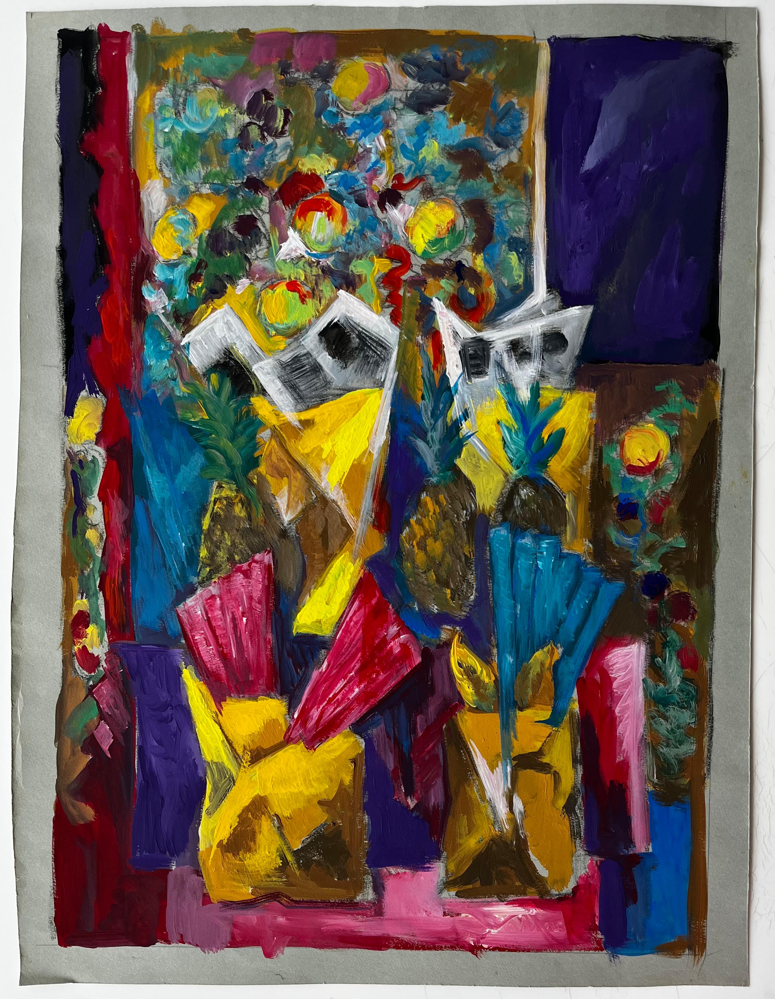 Lebendige Blumen und Ananas Stillleben Französisch Moderne Gouache-Gemälde – Painting von Guy Nicod