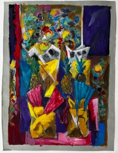 Vibrant Floral and Pineapple Still Life French Modern Gouache Painting