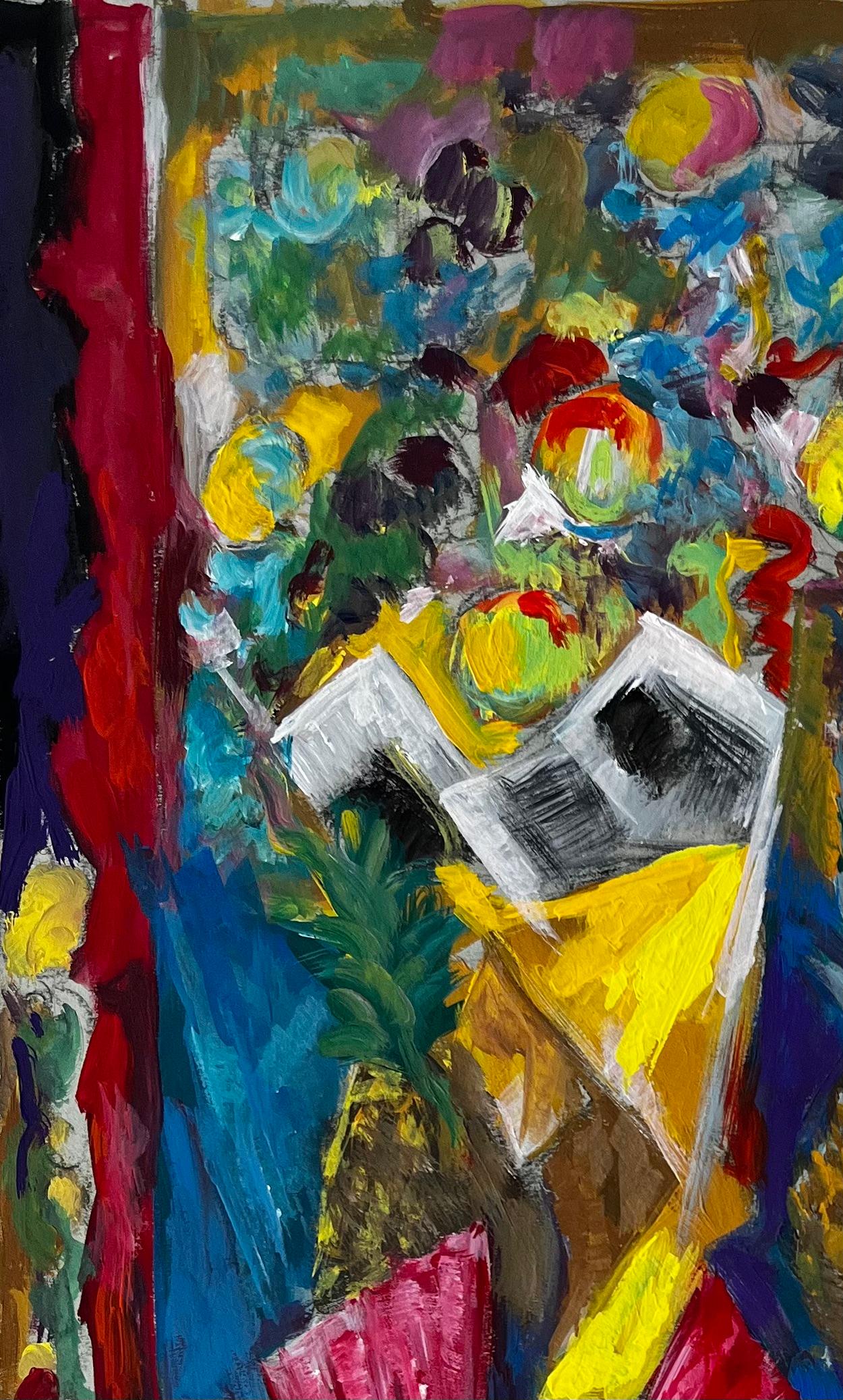 Lebendige Blumen und Ananas Stillleben Französisch Moderne Gouache-Gemälde (Schwarz), Still-Life Painting, von Guy Nicod