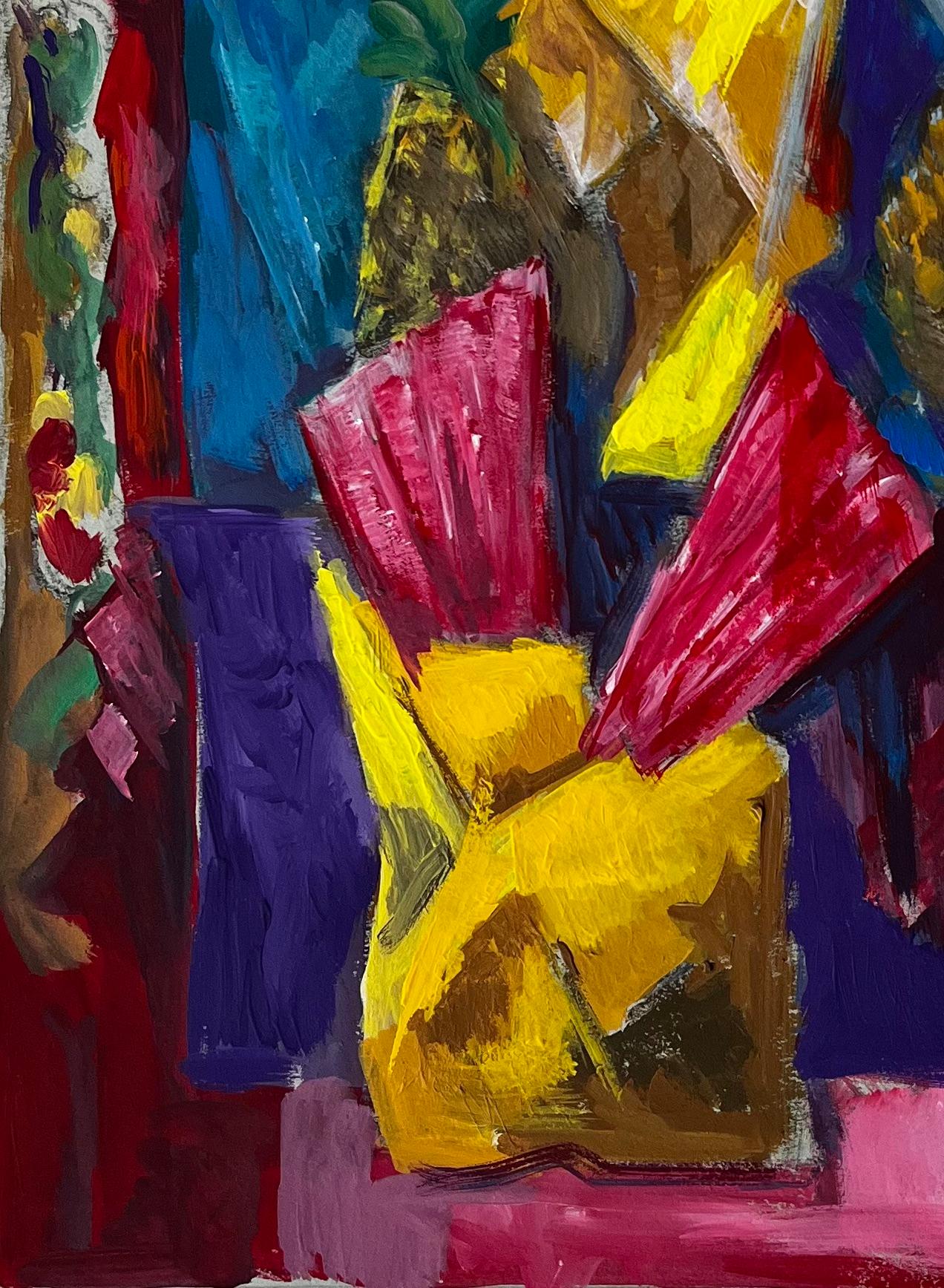 Lebendige Blumen und Ananas Stillleben Französisch Moderne Gouache-Gemälde im Angebot 2