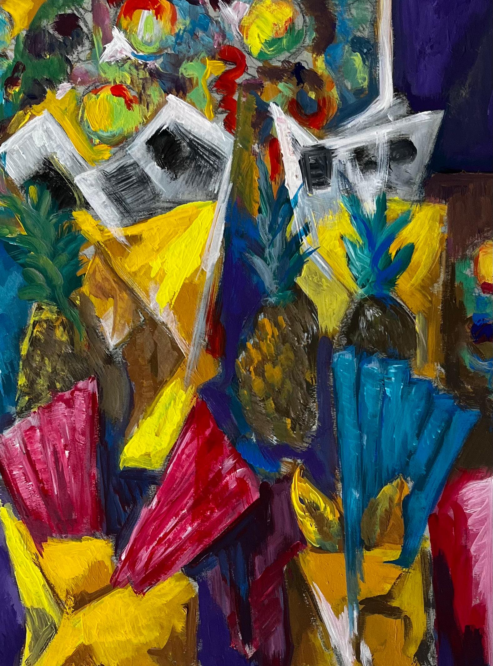 Lebendige Blumen und Ananas Stillleben Französisch Moderne Gouache-Gemälde im Angebot 3