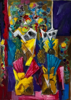 Vibrant Floral and Pineapple Still Life French Modern Gouache Painting