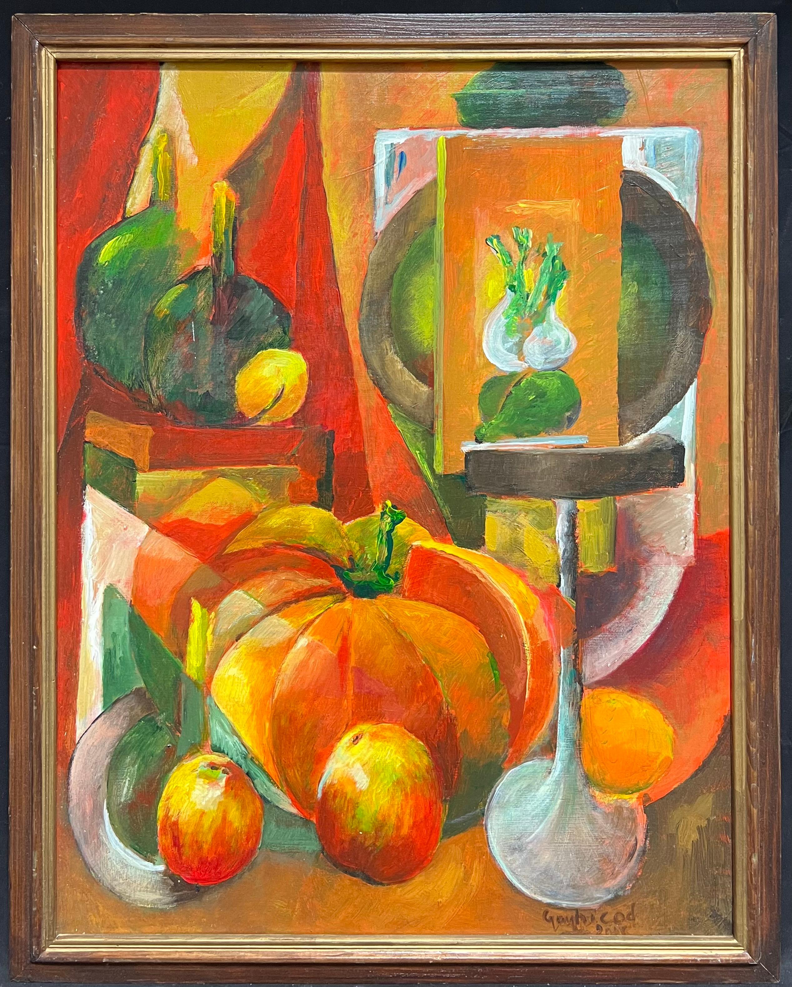 Nature morte à l'orange vif d'une table d'automne Grande huile moderniste française - Painting de Guy Nicod
