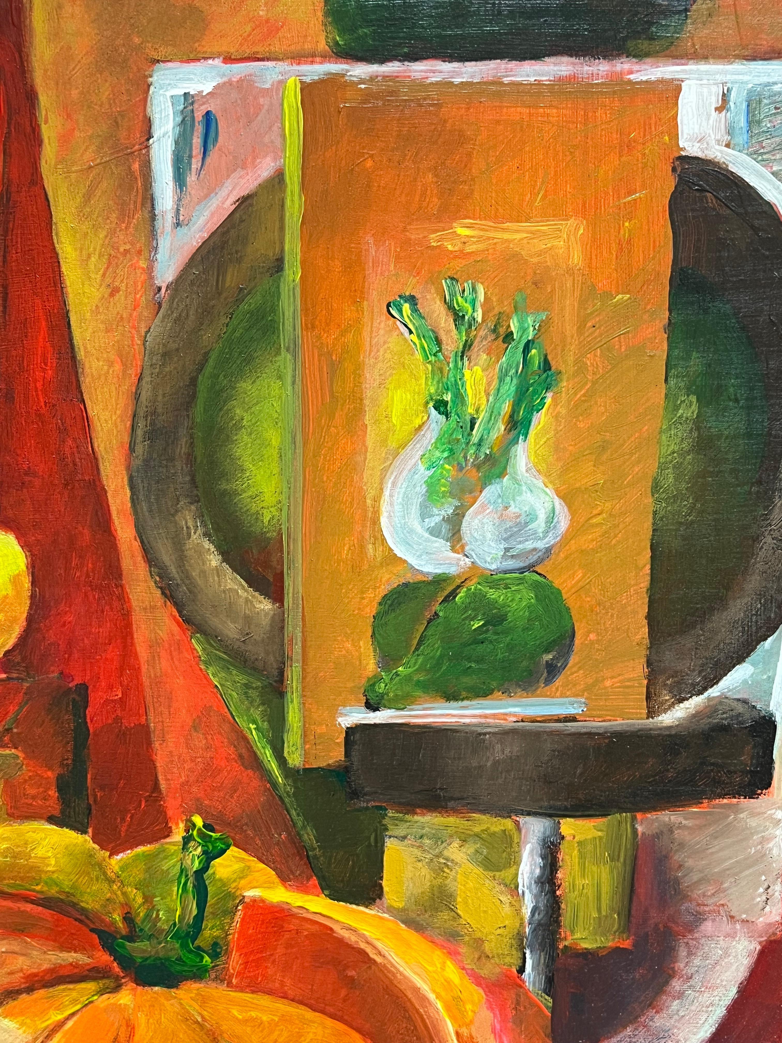 Nature morte à l'orange vif d'une table d'automne Grande huile moderniste française - Orange Interior Painting par Guy Nicod