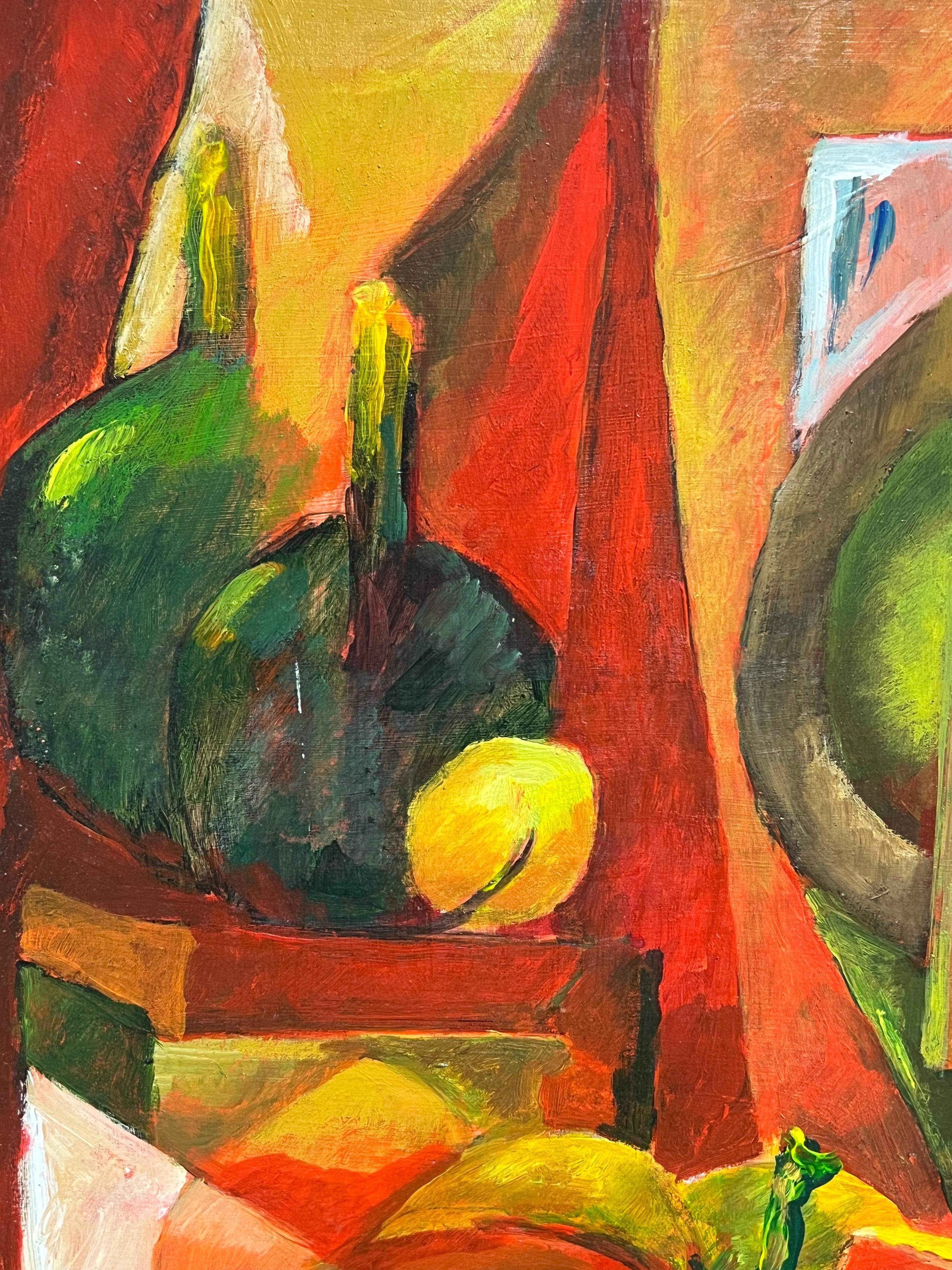 Nature morte automnale 
Guy Nicod (français 1923 - 2021) 
huile sur carton, encadrée
encadré : 28 x 22 pouces
tableau : 26 x 20 pouces
inscrit au verso
provenance : succession d'artistes, France
état : très bon et sain

Description :
Cette nature