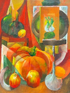 Nature morte à l'orange vif d'une table d'automne Grande huile moderniste française
