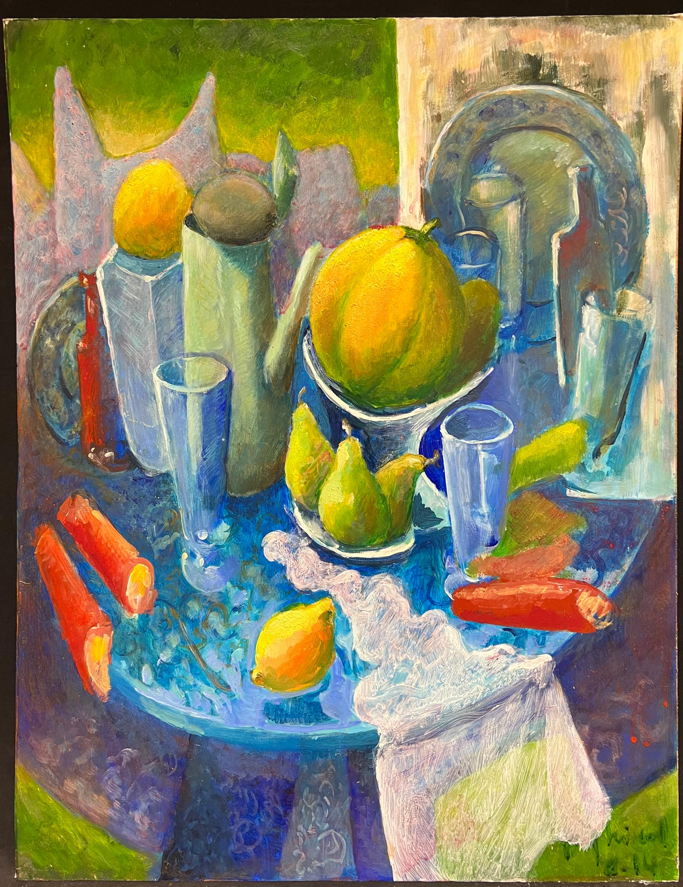 Natura morta vibrante di frutta e stoviglie Pittura ad olio modernista francese - Painting di Guy Nicod