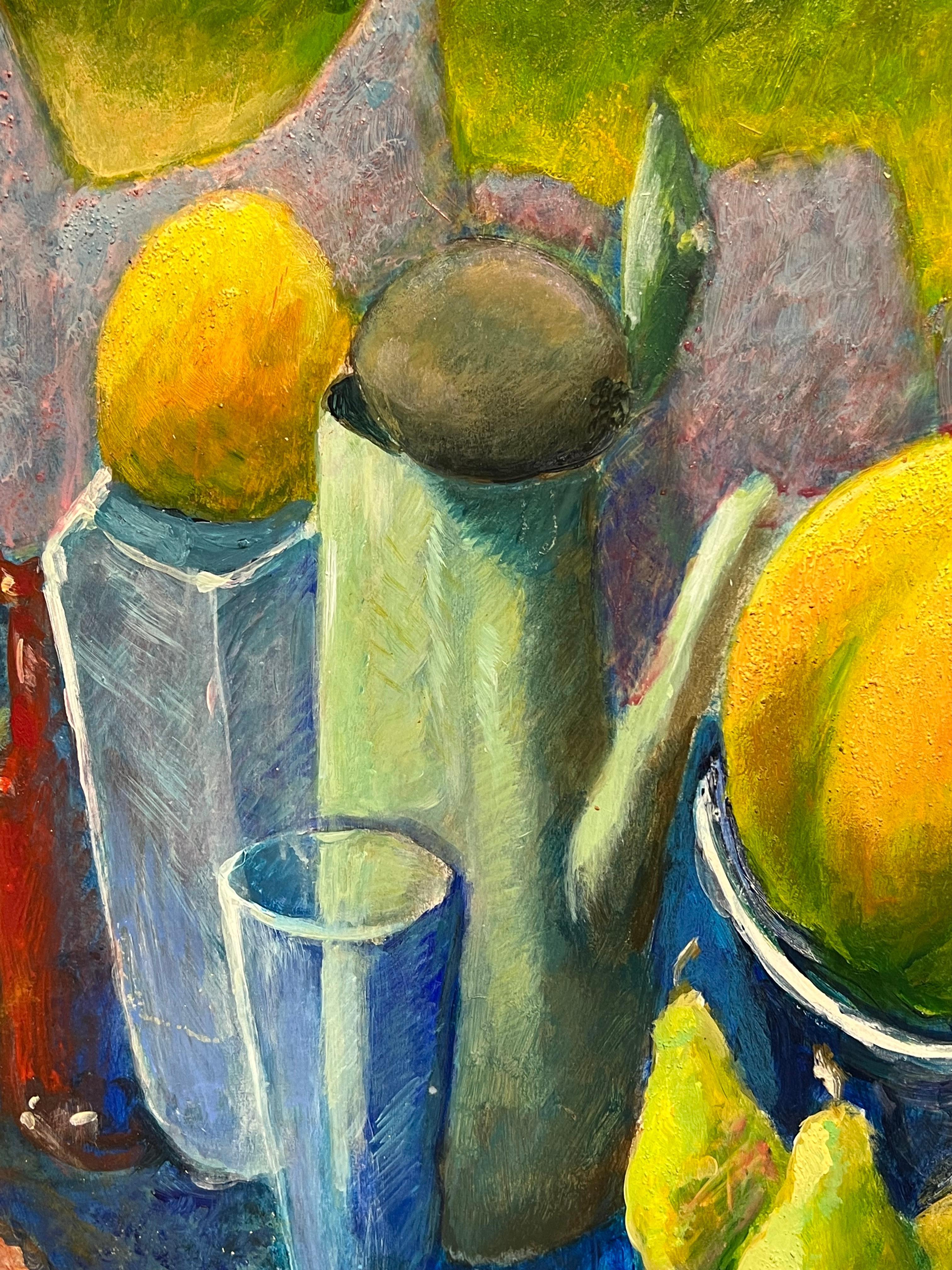 Natura morta vibrante di frutta e stoviglie Pittura ad olio modernista francese in vendita 2