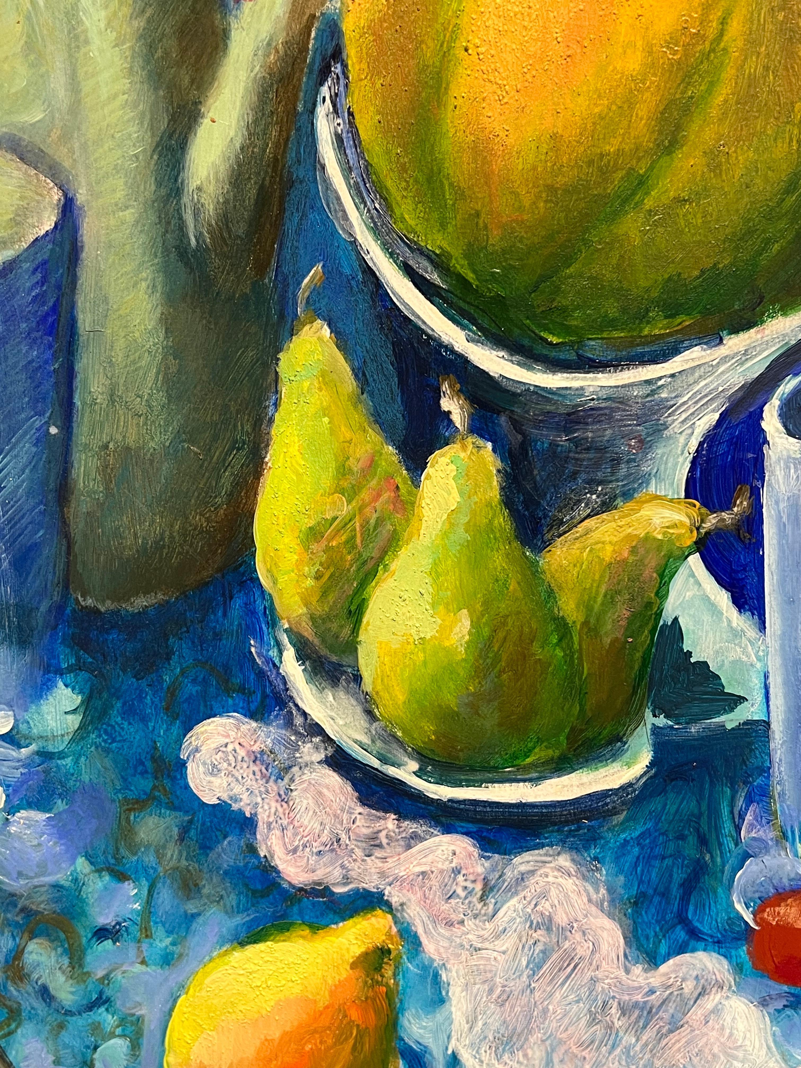 Natura morta vibrante di frutta e stoviglie Pittura ad olio modernista francese in vendita 4
