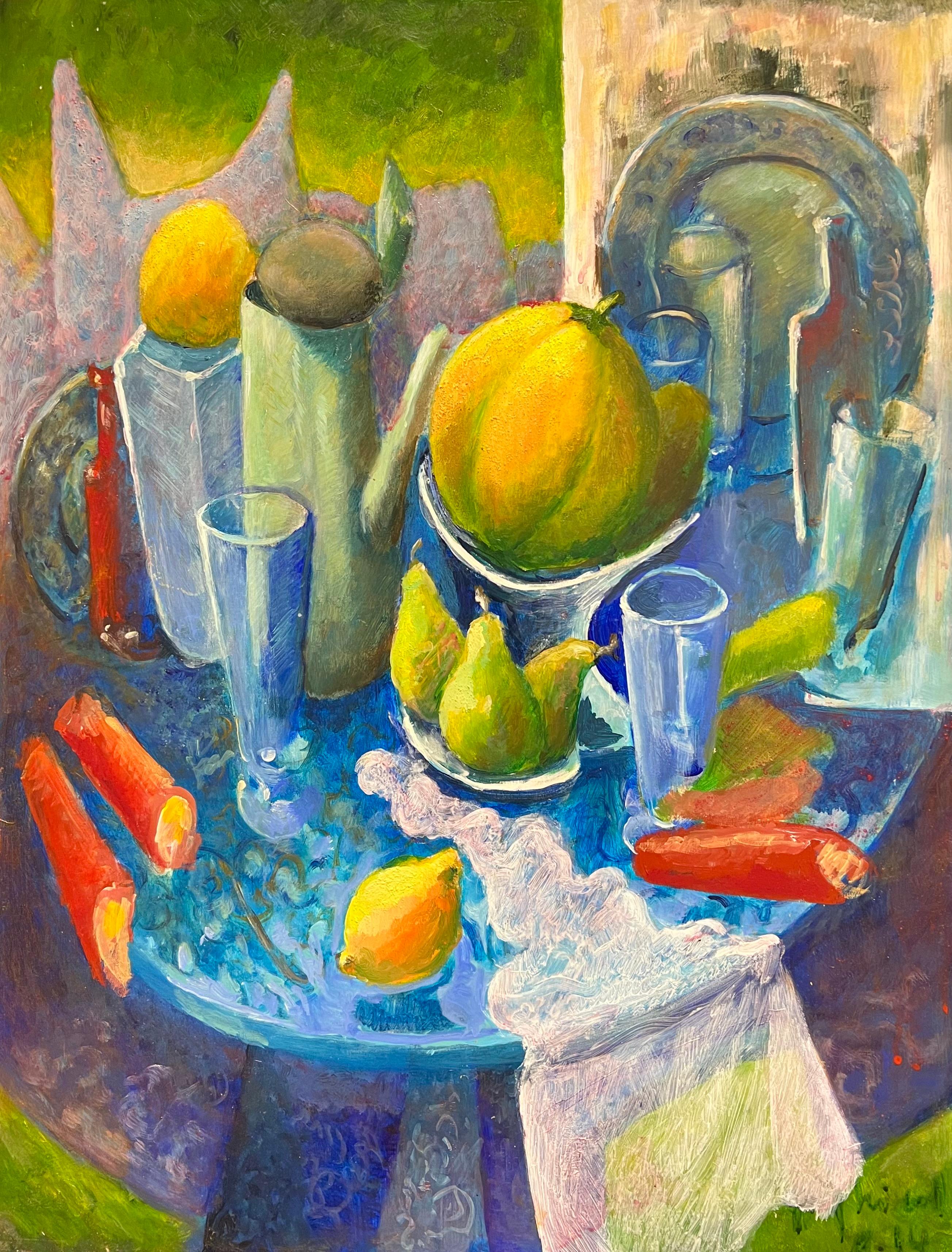 Interior Painting di Guy Nicod - Natura morta vibrante di frutta e stoviglie Pittura ad olio modernista francese