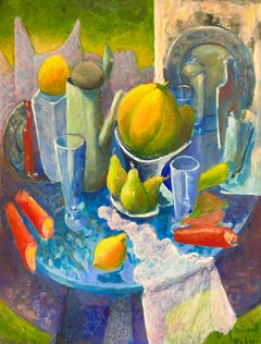 Vibrant Still Life of Fruit and Tableware French Modernist Oil Painting