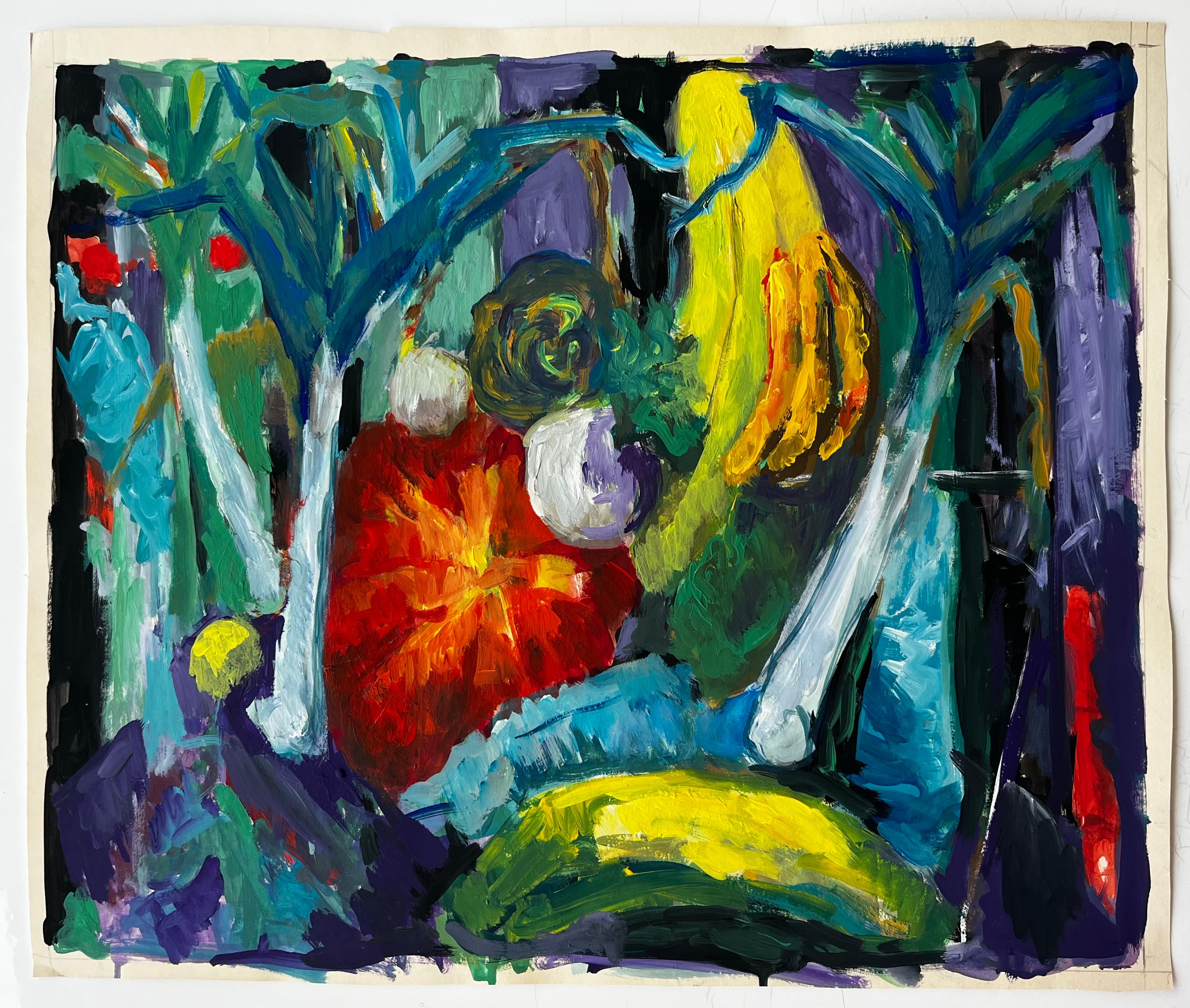 Lebendiges Stilleben mit Bananen, Kürbis und Lauch Französische Gouache der Moderne – Painting von Guy Nicod