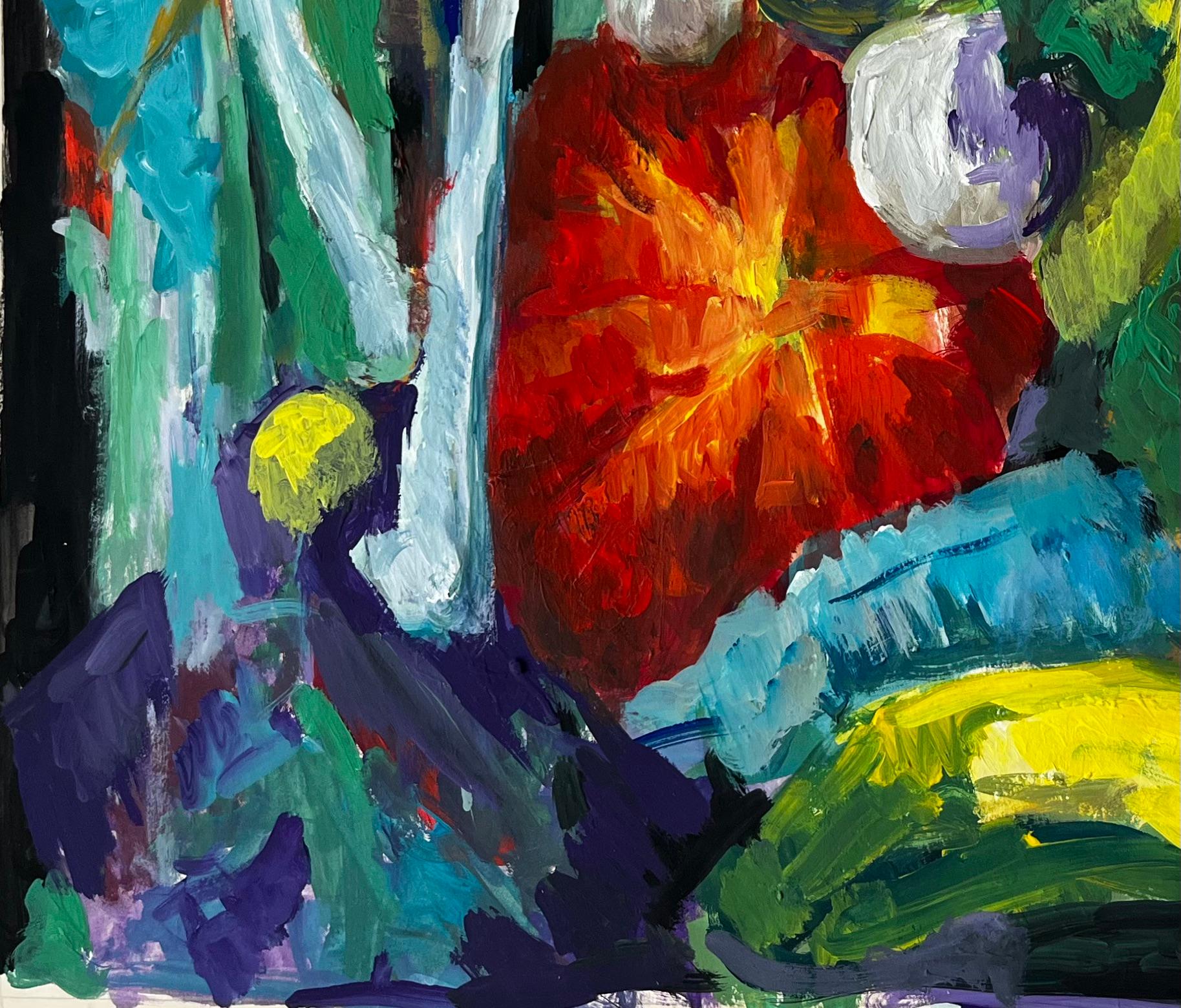 Lebendiges Stilleben mit Bananen, Kürbis und Lauch Französische Gouache der Moderne (Schwarz), Abstract Painting, von Guy Nicod