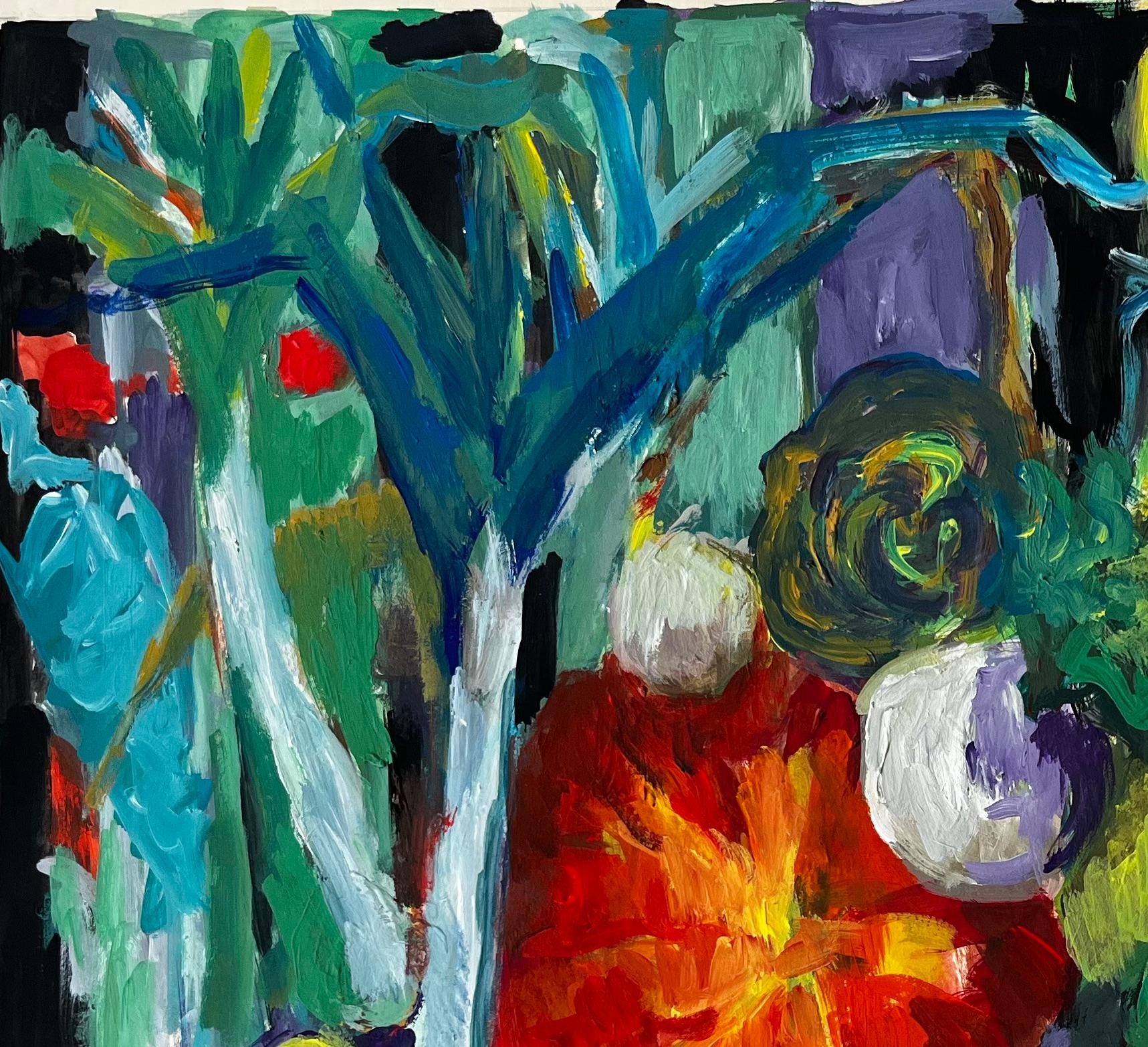 Lebendiges Stilleben mit Bananen, Kürbis und Lauch Französische Gouache der Moderne im Angebot 1