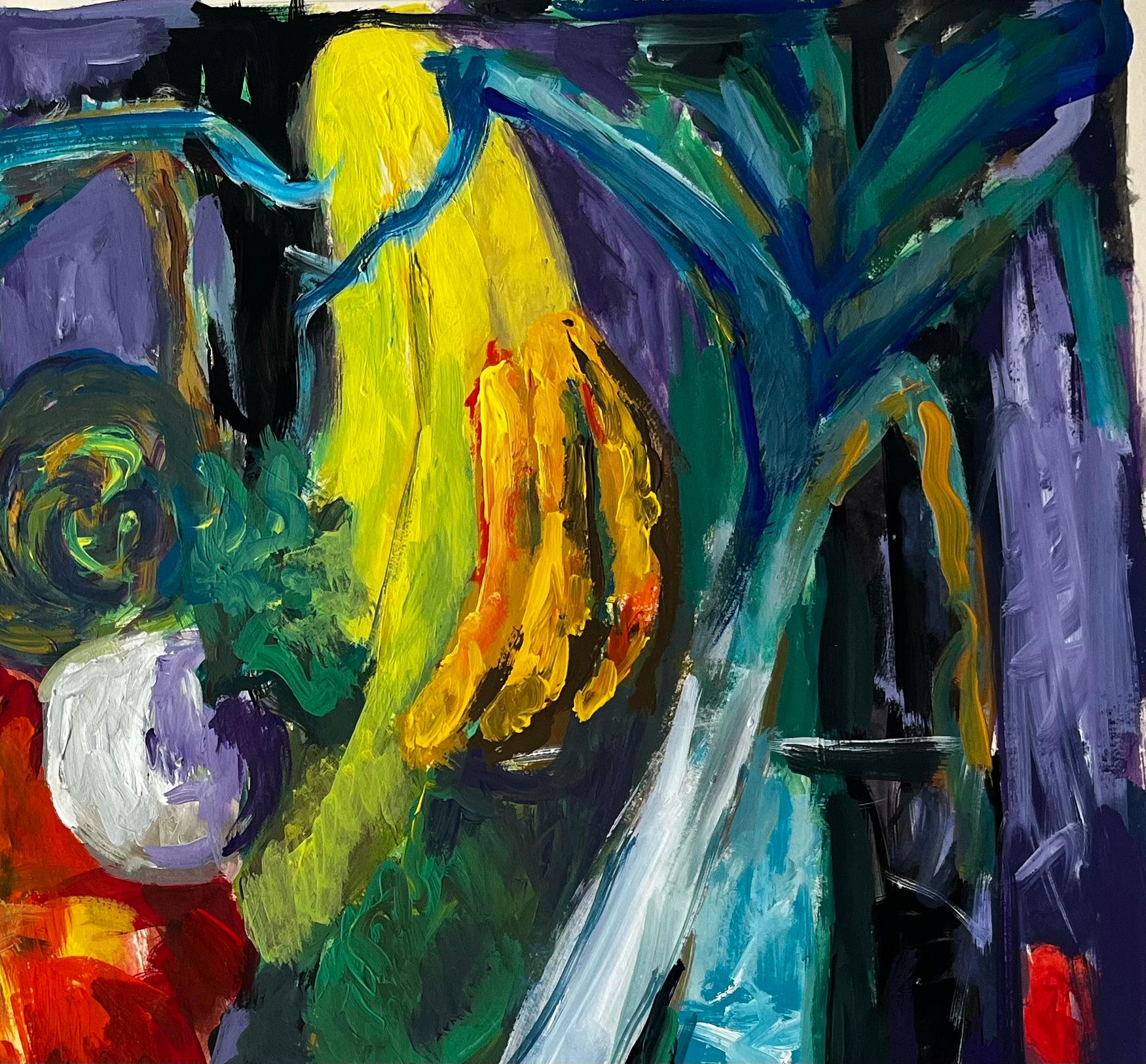 Lebendiges Stilleben mit Bananen, Kürbis und Lauch Französische Gouache der Moderne im Angebot 2