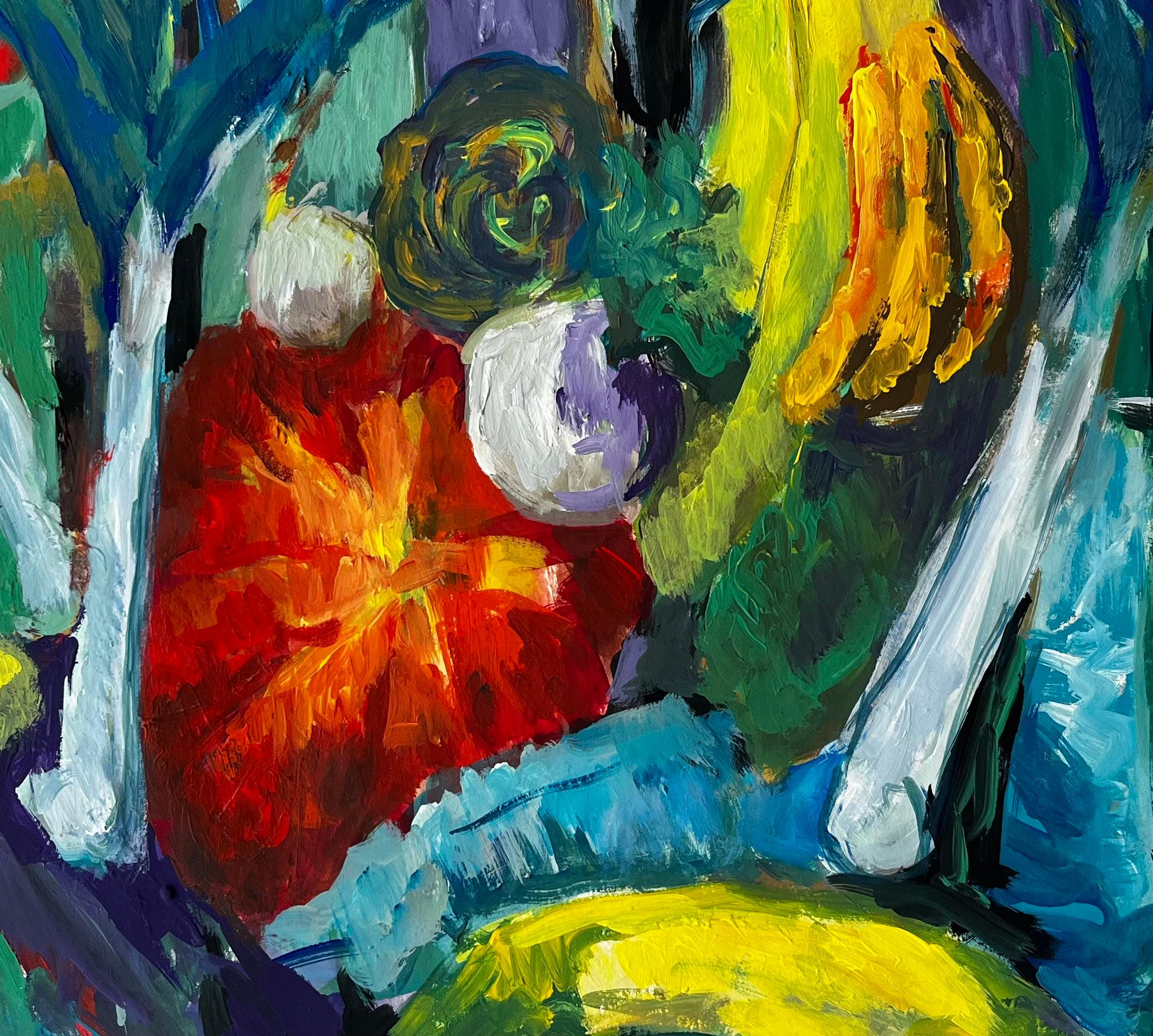 Lebendiges Stilleben mit Bananen, Kürbis und Lauch Französische Gouache der Moderne im Angebot 3