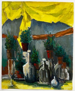 Yellow Draped Cloth Grey Bottles and Potted Plants French Modernist Still Life