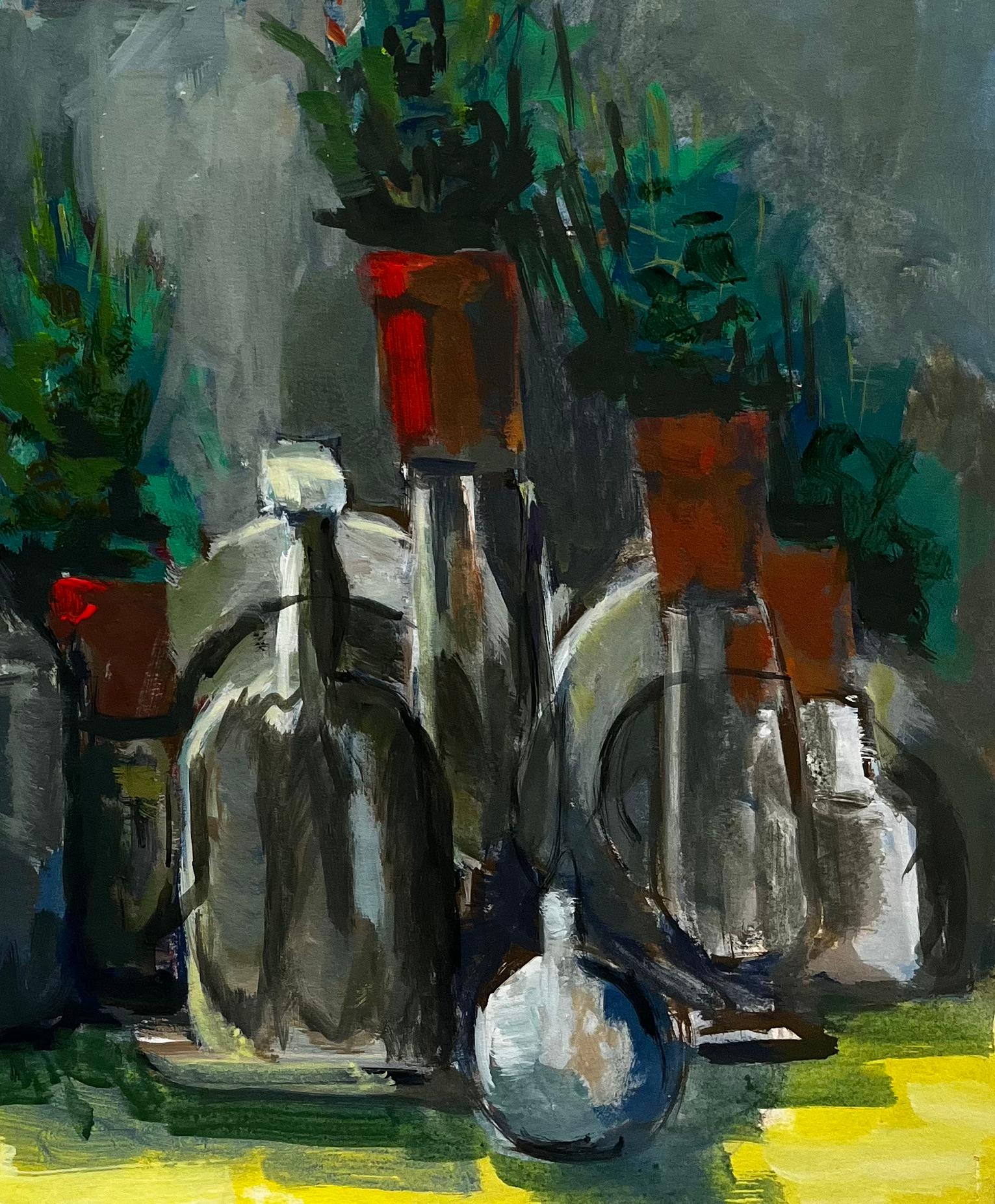 Tissu drapé jaune Bouteilles grises et plantes en pot Nature morte moderniste française - Gris Still-Life Painting par Guy Nicod