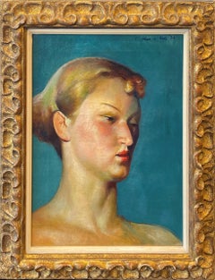 « Head », Guy Pene du Bois, Portrait d'une Femme, Figuratif Bleu