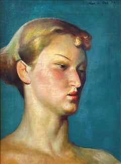 „Head“, Guy Pene du Bois, Porträt einer Frau, blau, figurativ