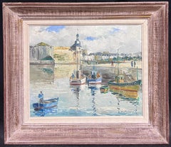 Le port de pêche en Bretagne et les bateaux de pêche dans le port signés 20e siècle