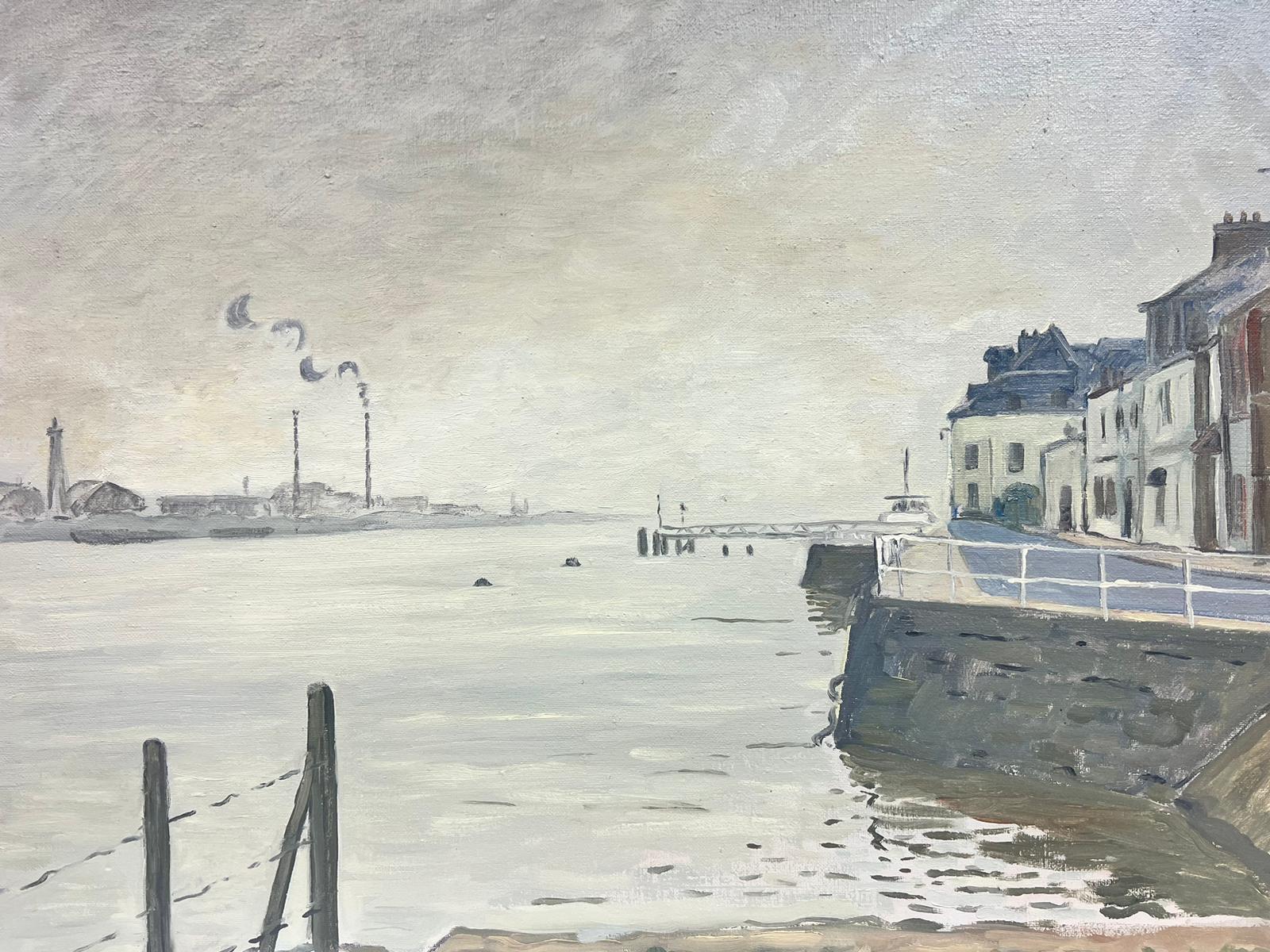 Brooding & Atmospheric French Impressionist Signed Oil Quillebeuf Harbour - Gray Landscape Painting by Guy Pichon 