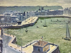 Huile sur toile impressionniste française « Boats at Dieppe Harbour » signée