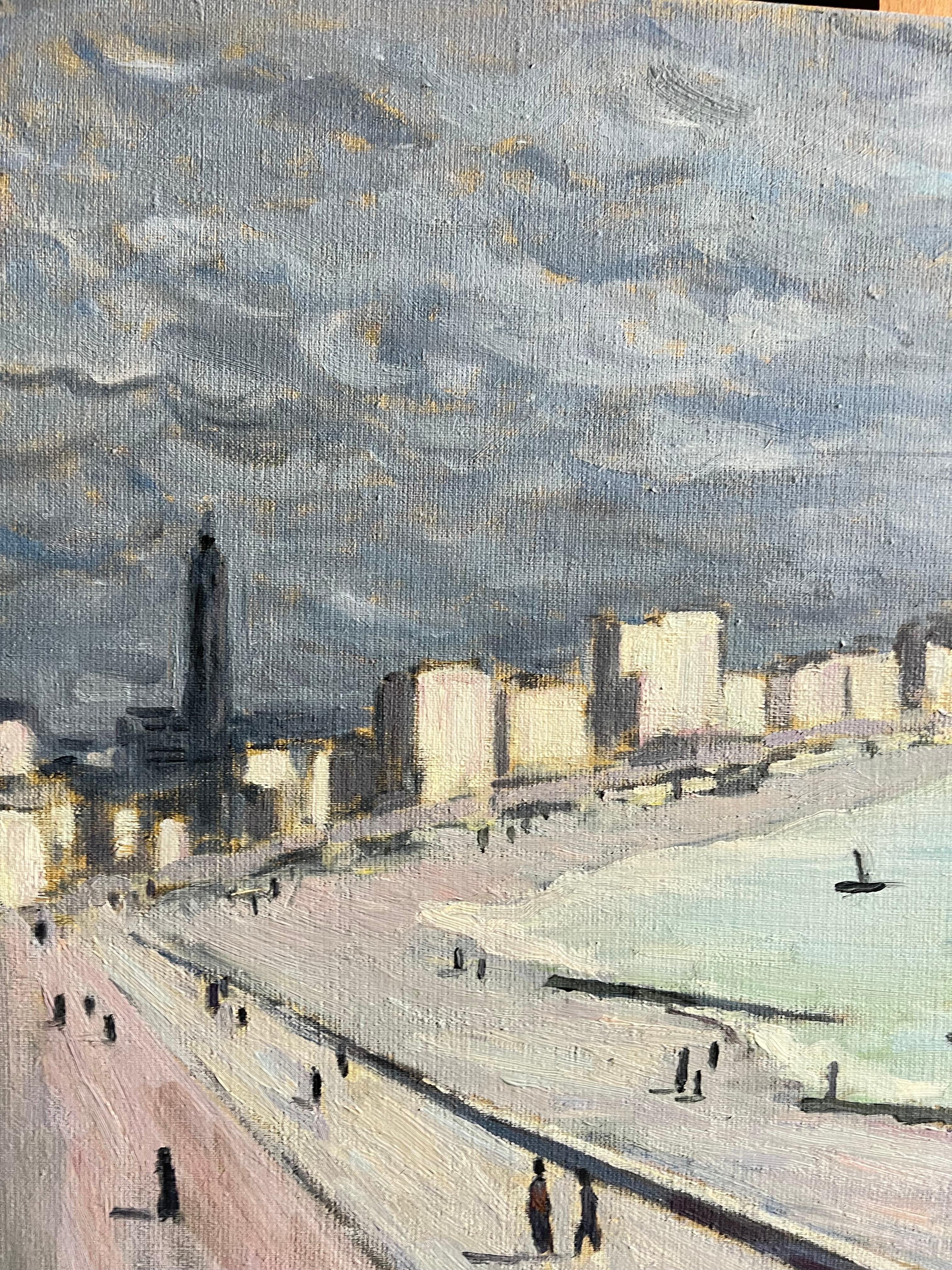 Coastal French City Promenade Under Dramatic Grey Sky Landscape French Modernist For Sale 4