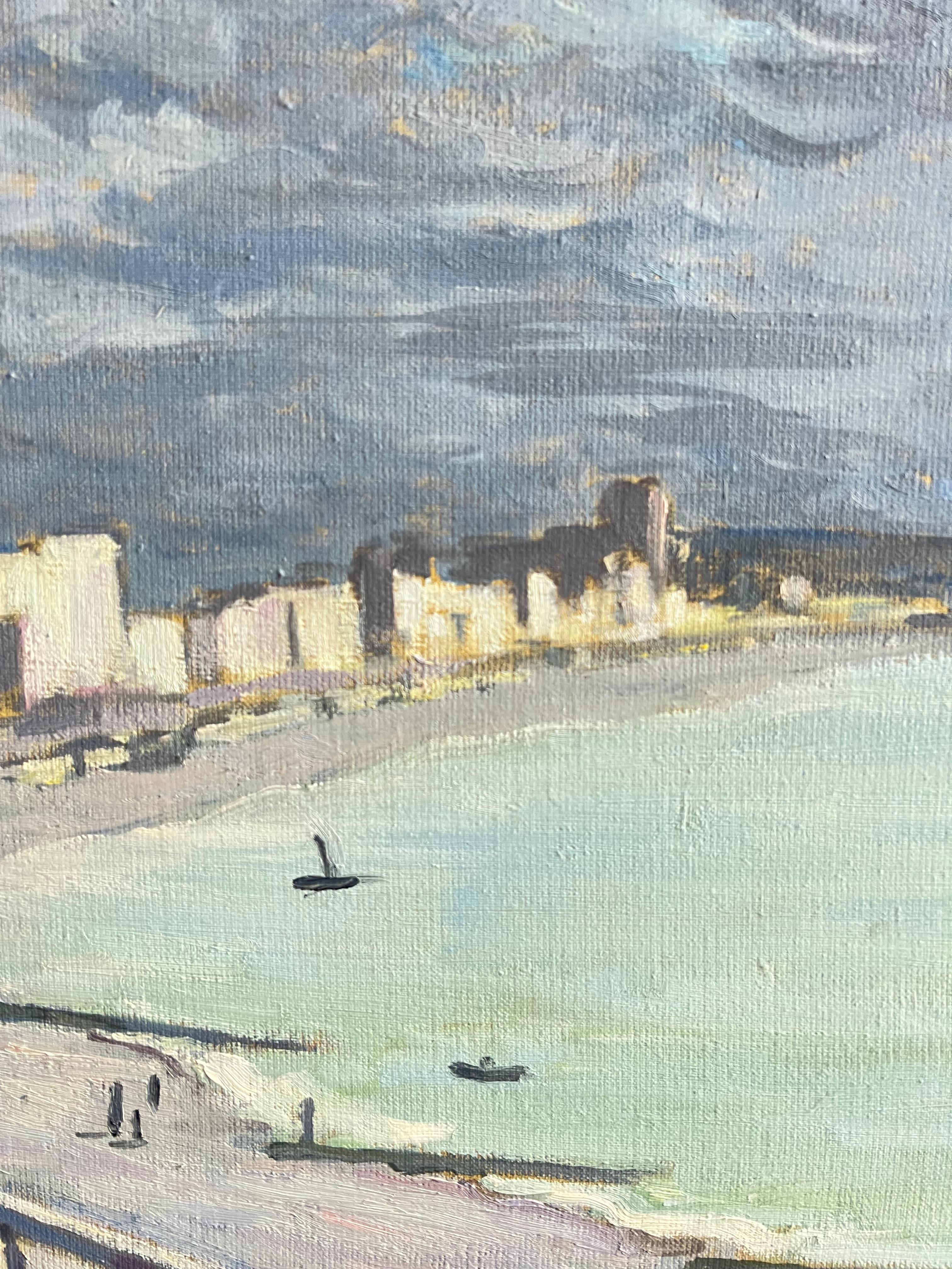 Coastal French City Promenade Under Dramatic Grey Sky Landscape French Modernist - Painting by Guy Pichon