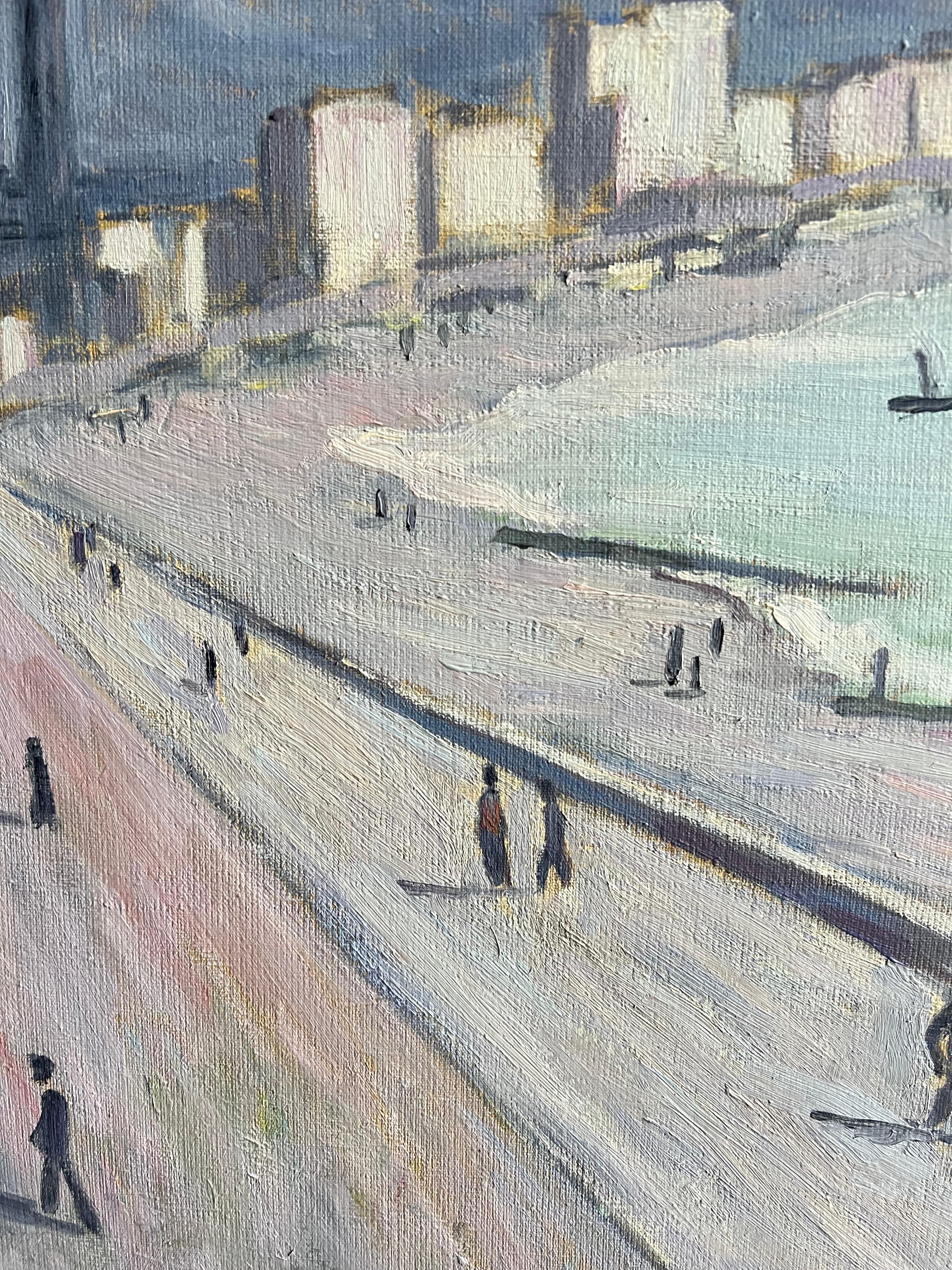 Coastal French City Promenade Under Dramatic Grey Sky Landscape French Modernist - Impressionist Painting by Guy Pichon