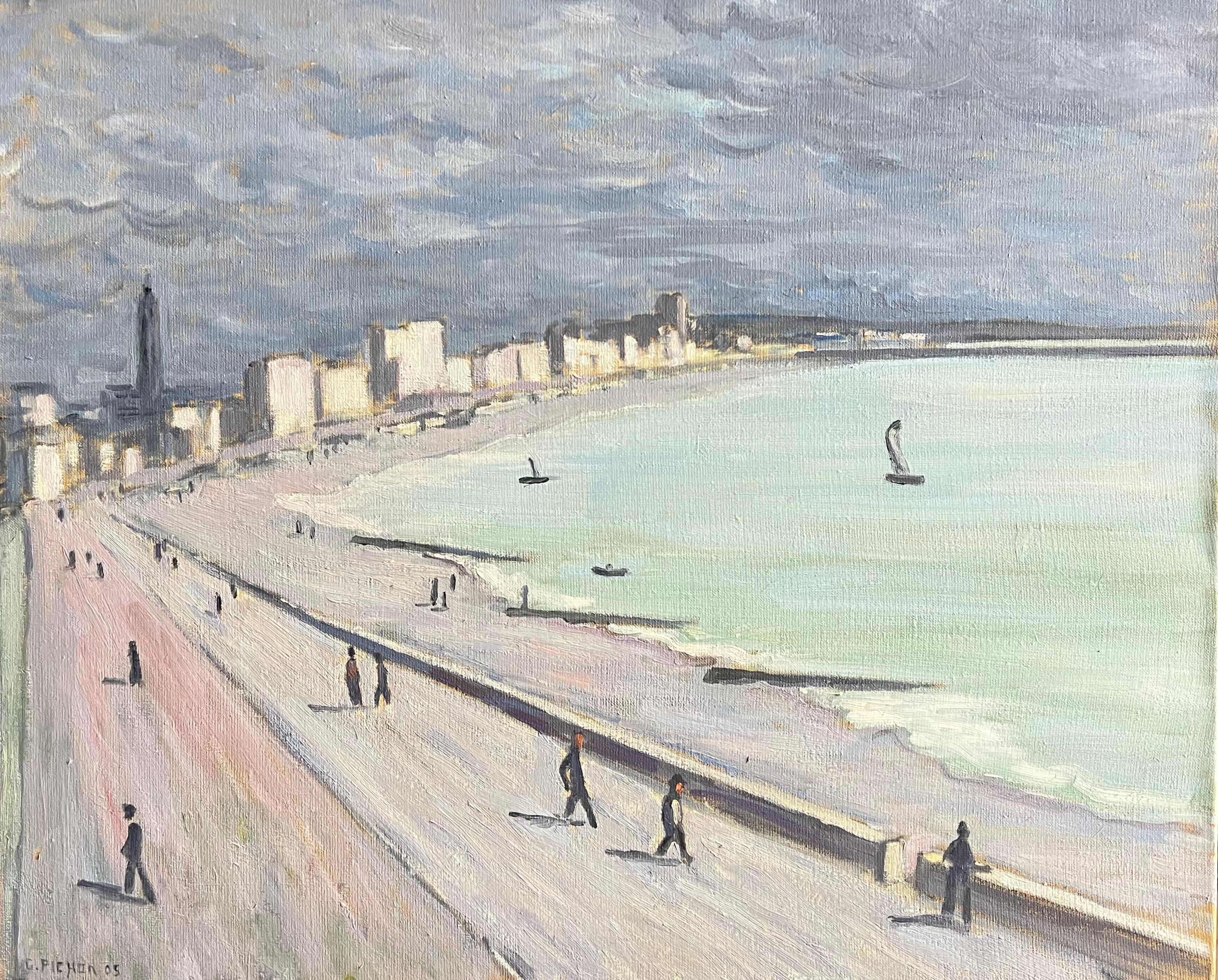 Coastal French City Promenade Under Dramatic Grey Sky Landscape French Modernist - Gray Landscape Painting by Guy Pichon