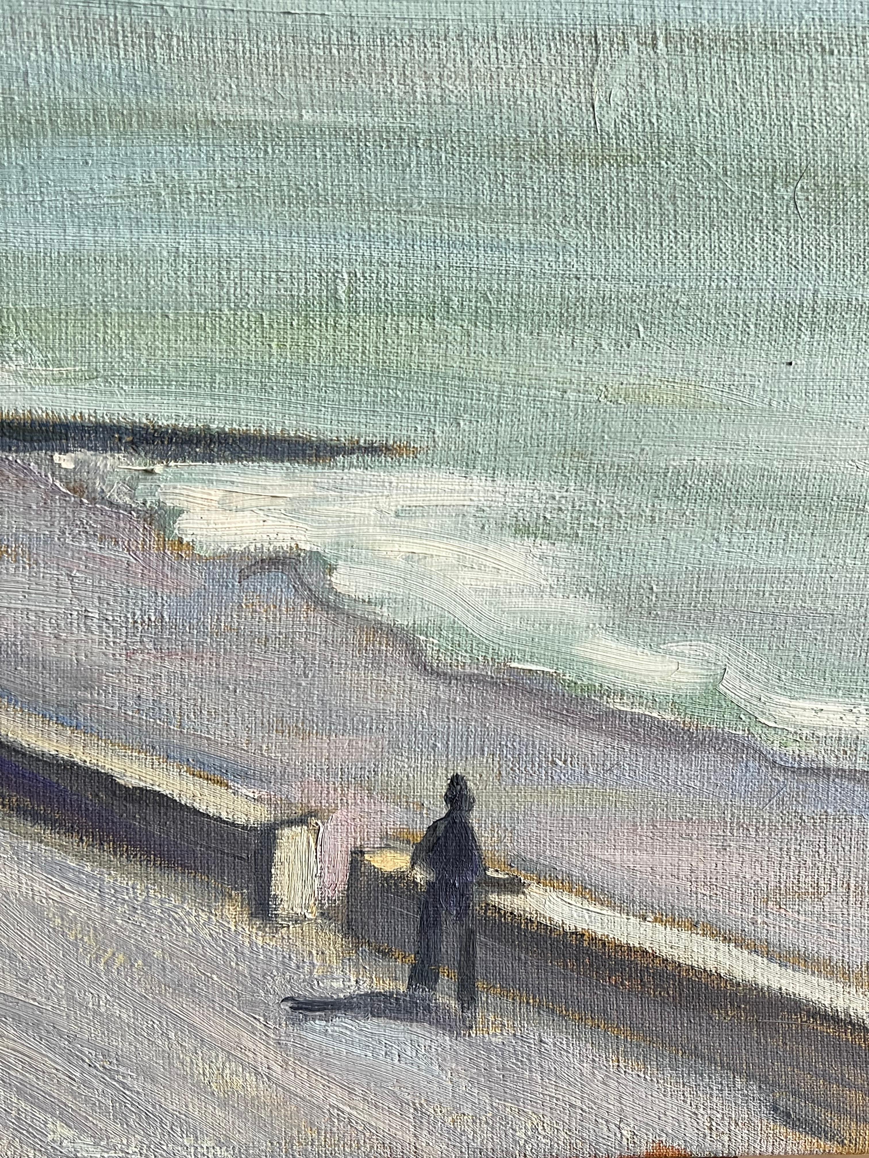 Coastal French City Promenade Under Dramatic Grey Sky Landscape French Modernist For Sale 1