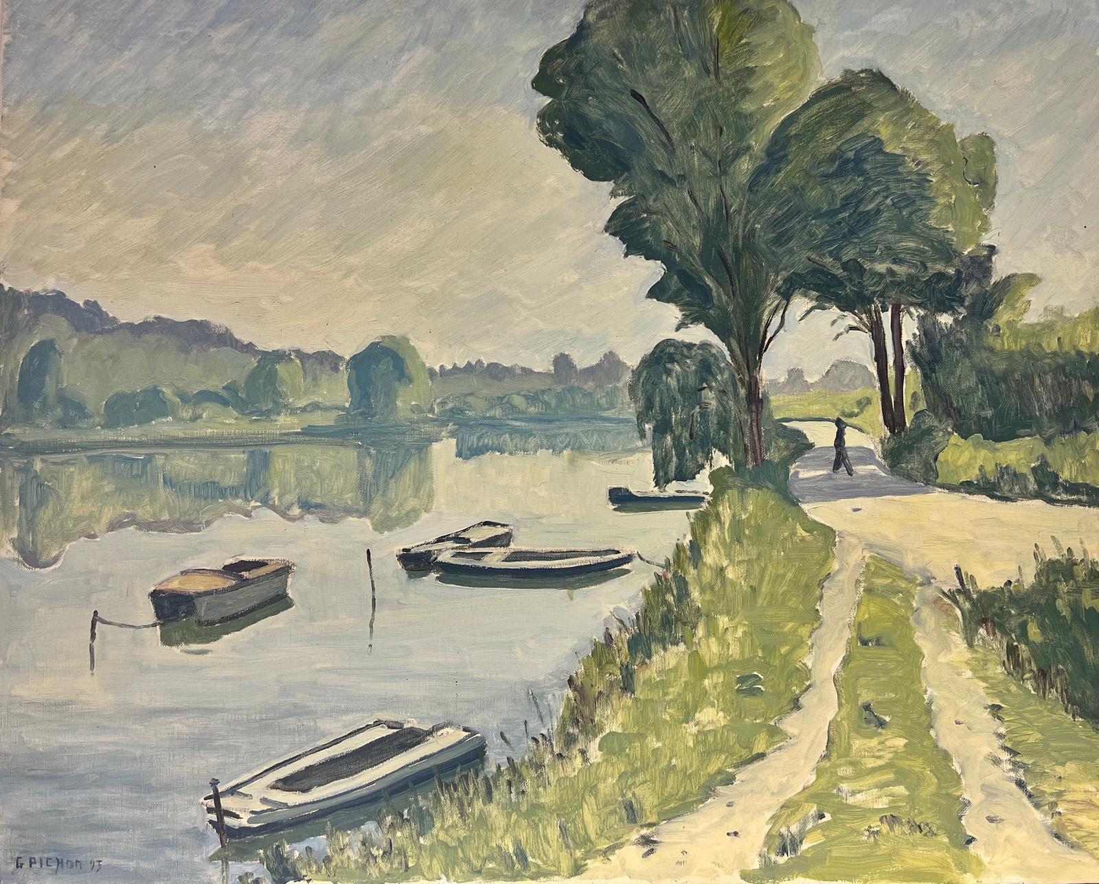 Landscape Painting Guy Pichon - Fine peinture à l'huile impressionniste française signée de Tranquil River Seine à Incheville