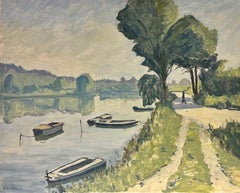 Fine peinture à l'huile impressionniste française signée de Tranquil River Seine à Incheville