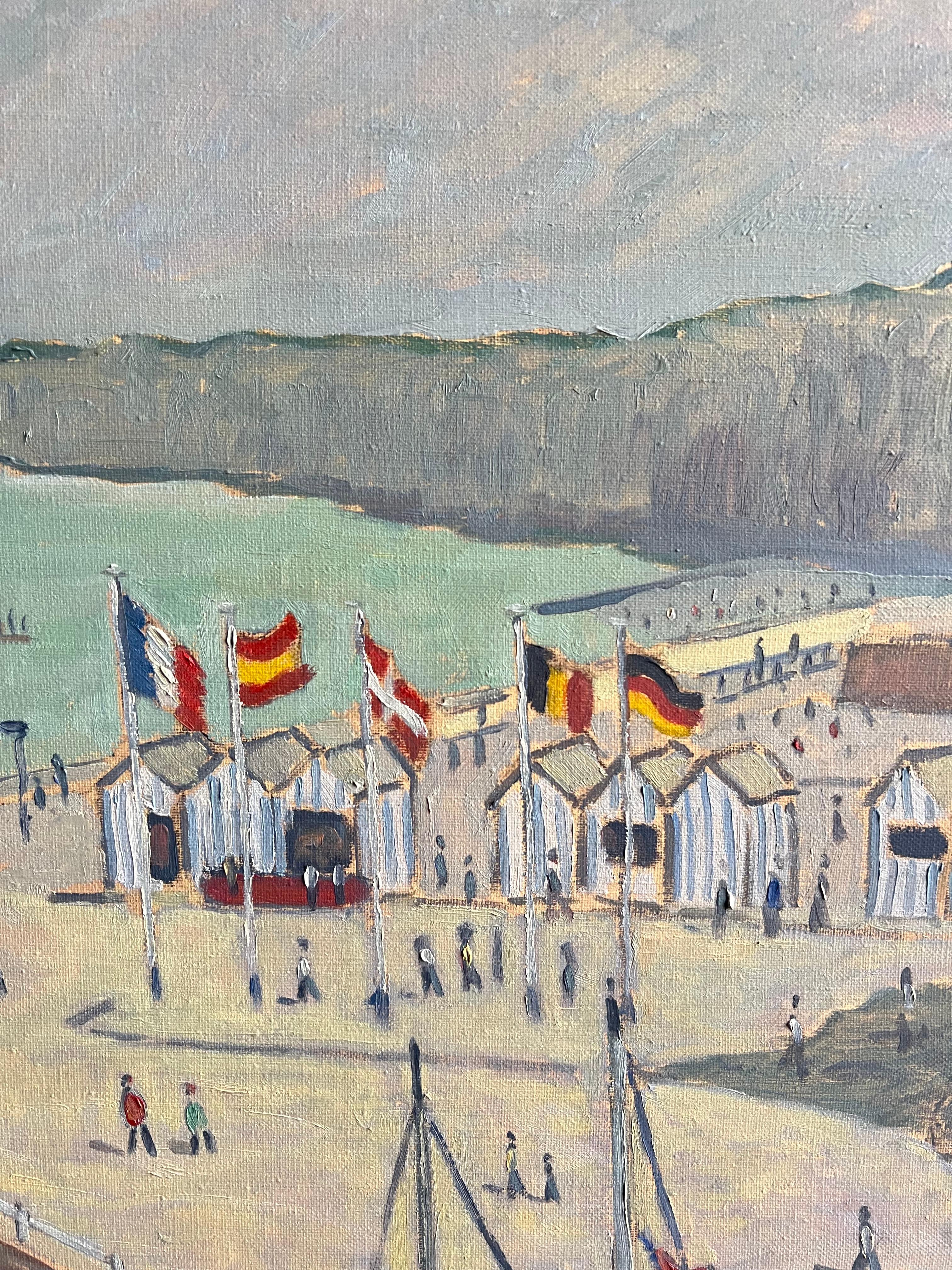 Paisaje costero francés con figuras, banderas y casetas de baño - Landscape Painting Gris de Guy Pichon