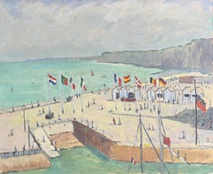 French Coastal Seaside Scene with Figures Flags and Bathing Huts Landscape