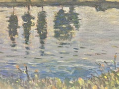 Huile impressionniste française signée Angler Fishing Riverbank Poplar Trees