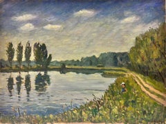 Vintage French Impressionist Signed Oil Angler Fishing Riverbank Poplar Trees