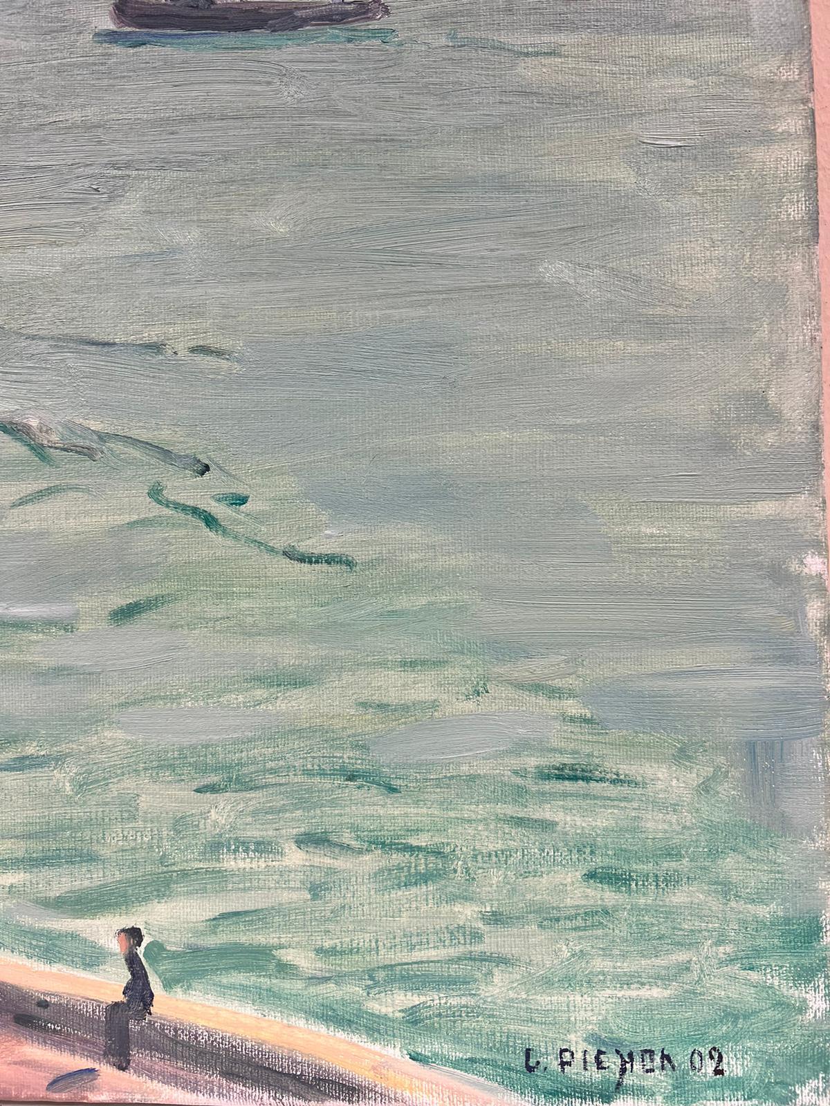 Dipinto a olio firmato da un impressionista francese Barche in un porto industriale affollato - Painting di Guy Pichon
