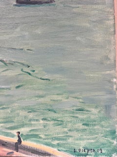 Peinture à l'huile impressionniste française représentant des bateaux d'un port industriel en plein essor