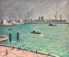 Französisch Impressionist signiert Ölgemälde Boote in belebten Industriehafen Hafen