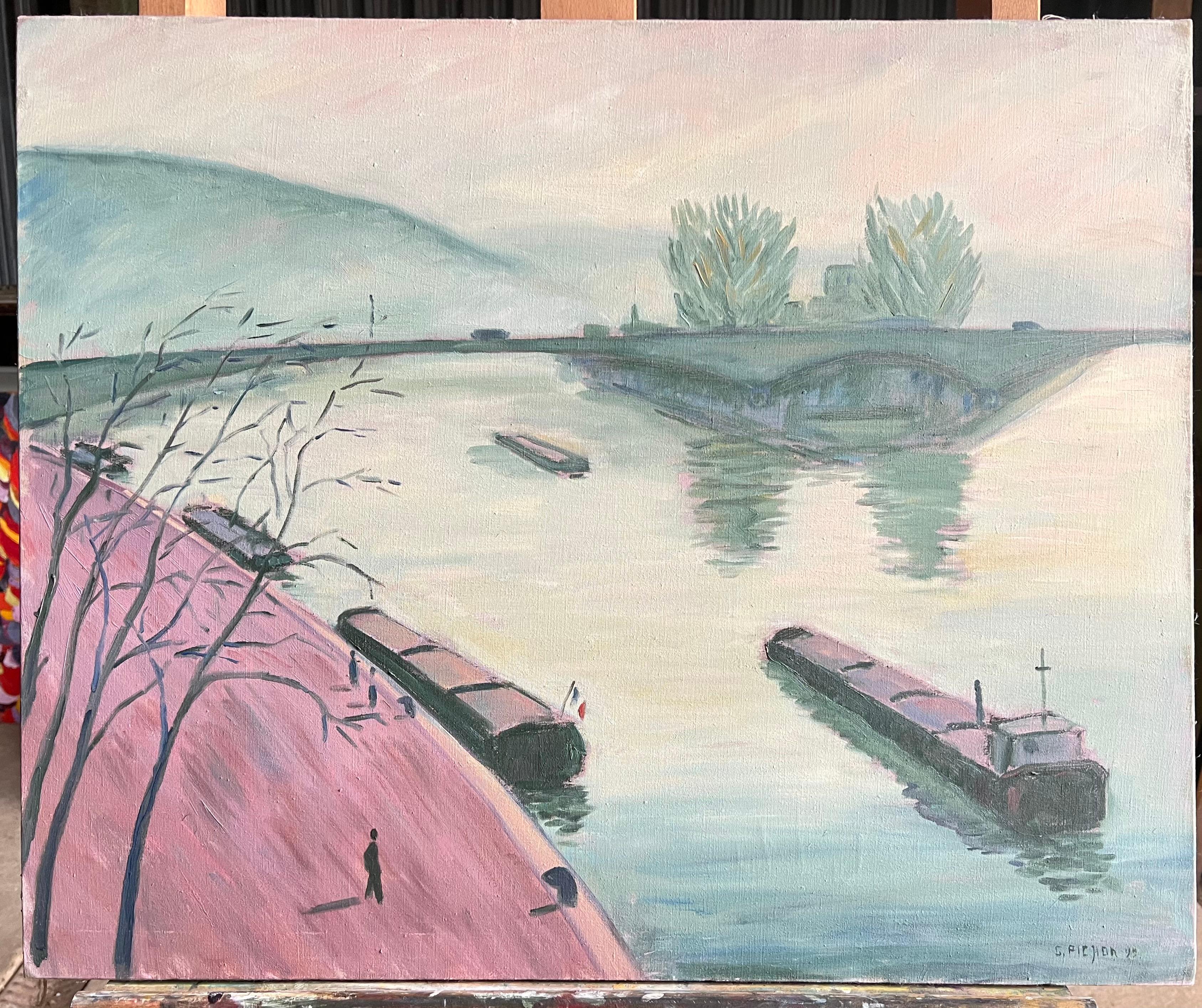 Scena fluviale francese con chiatte e ponte al tramonto Paesaggio moderno dipinto a olio - Painting di Guy Pichon